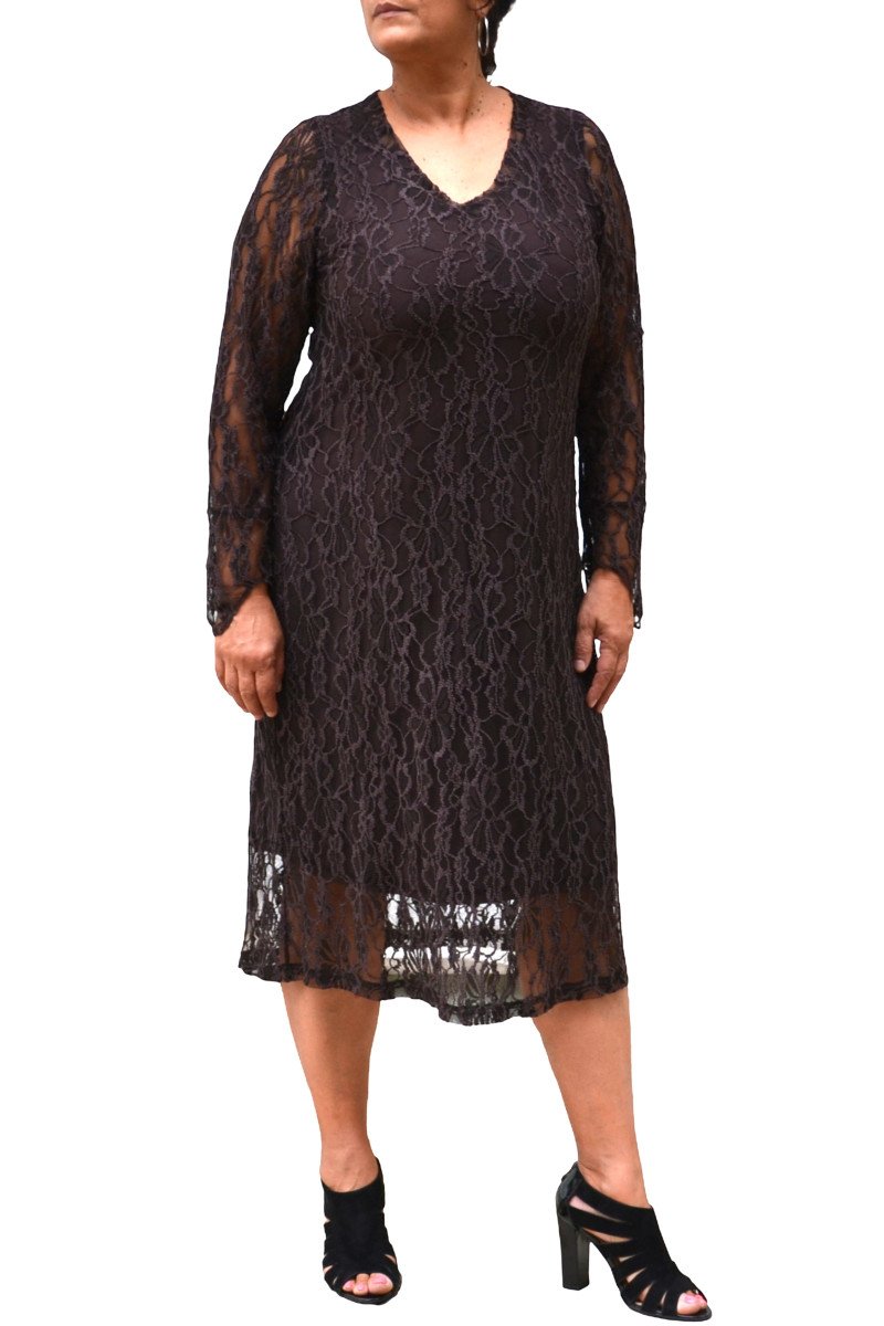 Brown elastic lace dress with long sleeves and V-neckline - plus size, front view