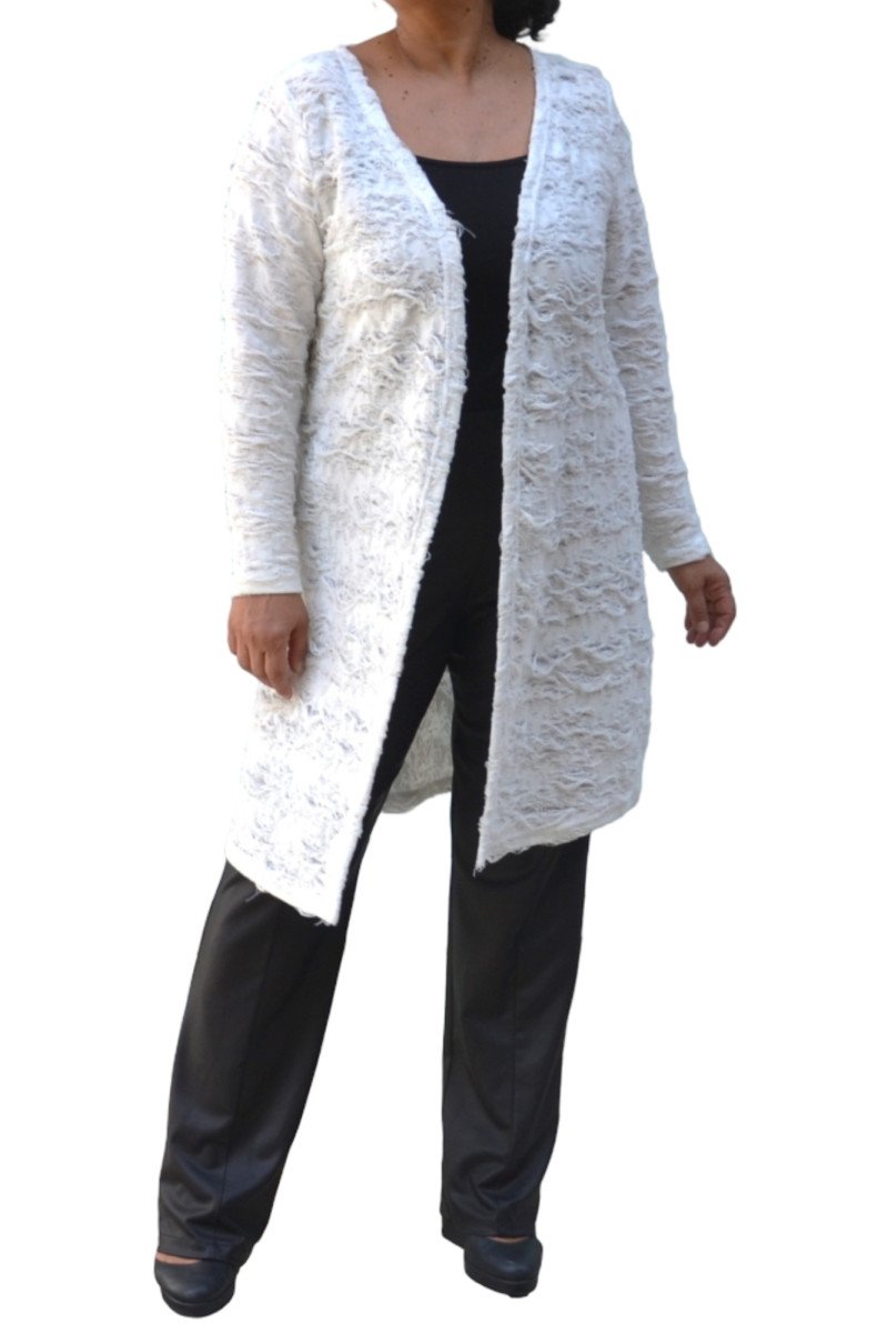 Long white textured open-front cardigan with long sleeves - plus size