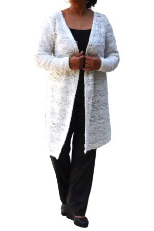 Long white cotton cardigan with textured fringe detail, worn open - plus size