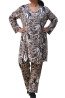Brown, black and white print mohair blouse with V-neck and open front - plus size