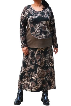 Green & Brown Printed Mohair Blouse with Faux Leather Detail – Plus Size