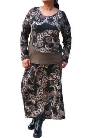 Πράσινη Εμπριμέ Μπλούζα Mohair Plus Size με Καφέ Λεπτομέρεια Δερματίνης