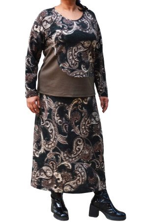 Κομψή Plus Size Μπλούζα Mohair με Paisley Σχέδιο – Πράσινο & Καφέ με Μαλακή Δερμάτινη Λεπτομέρεια