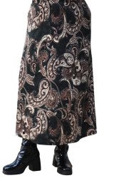 Long green and brown paisley print mohair skirt, elastic fit - plus size