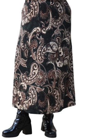 Long green and brown paisley print mohair skirt, elastic fit - plus size