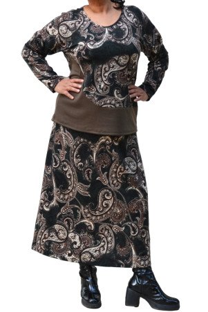 Green and brown paisley print mohair skirt and blouse set, styled with black boots - plus size