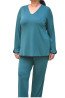Petrol viscose blouse with V-neckline, black trim and sleeve slits - plus size