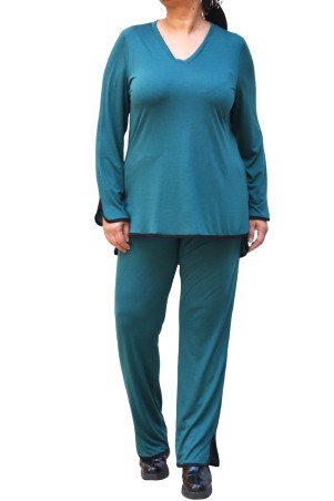 Elegant petrol viscose two-piece set, blouse with black trim and trousers - plus size