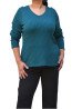 Soft petrol knit blouse with V-neck and long sleeves, plus size