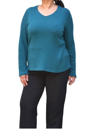 Petrol stretch knit top with V-neckline, curvy fit, made in Greece