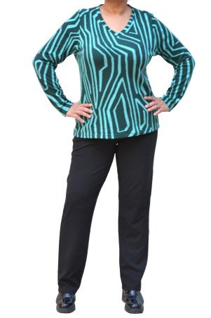 Long sleeve geometric print blouse in petrol green and turquoise, short length, plus size