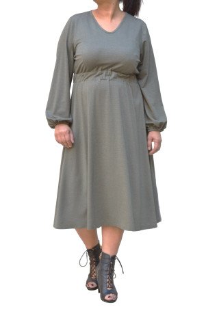 Olive lurex midi dress with V-neck, balloon sleeves and elastic waist, styled with lace-up boots - plus size