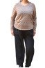 Beige stretch blouse with black scale print and V-neckline, long sleeves, styled with black trousers - plus size