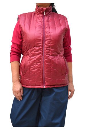 Burgundy quilted sleeveless vest with high collar and front zip, close-up front view, made in Greece - plus size