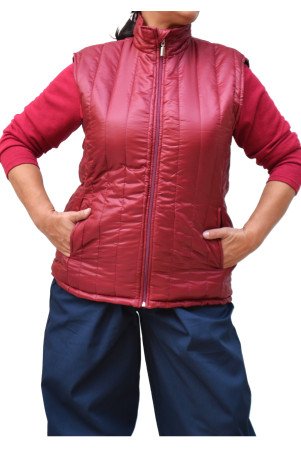Burgundy sleeveless quilted vest with high collar, front zip and side pockets, made in Greece - plus size