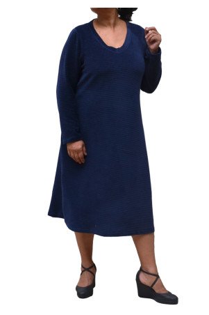 Navy blue stretch corduroy midi dress with V-neckline, A-line cut and long sleeves - plus size