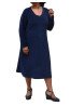 Navy blue stretch corduroy midi dress with V-neckline, A-line cut and long sleeves - plus size