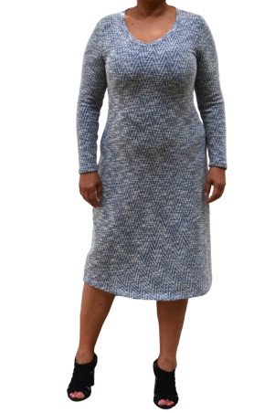 Warm winter knit dress in soft blue and grey with slim midi line and slight stretch - plus size