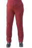 Women's burgundy trousers featuring an elasticated waistband and a straight, slim-leg fit.