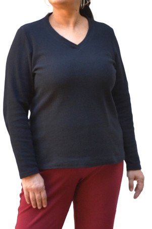 Women’s black knitted cotton blouse with V-neckline